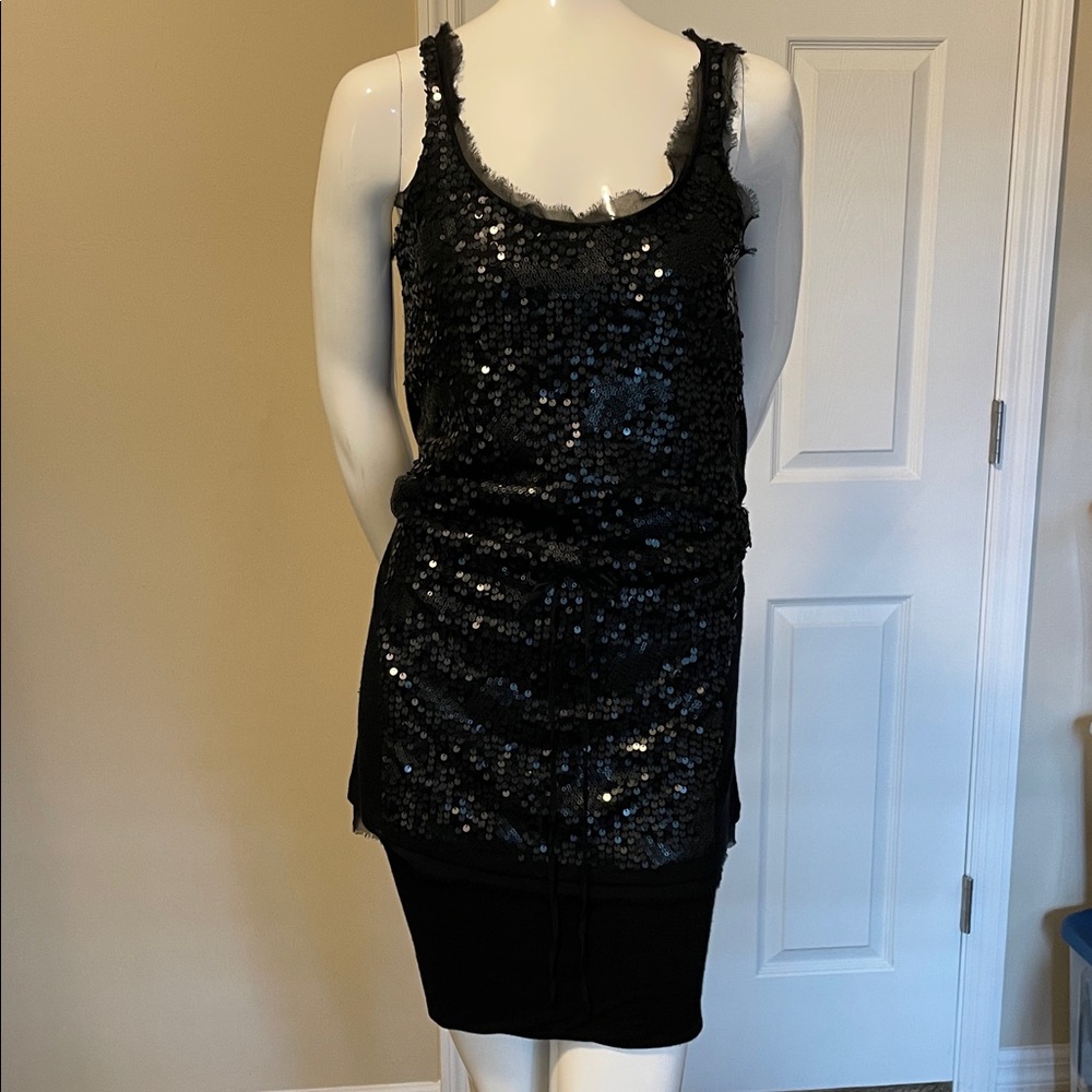 MAGASCHONI Sequin & Silk Chiffon Blouson Mini Dress Tunic Top Black NWOT Sz S